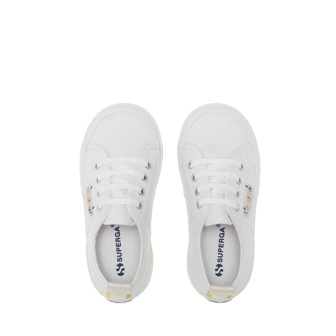 Le Superga Girl 2750 KIDS FUNNY LABEL Sneaker WHITE-MULTICOLOR FLOWER LABEL Dressed Back (jpg Rgb)		