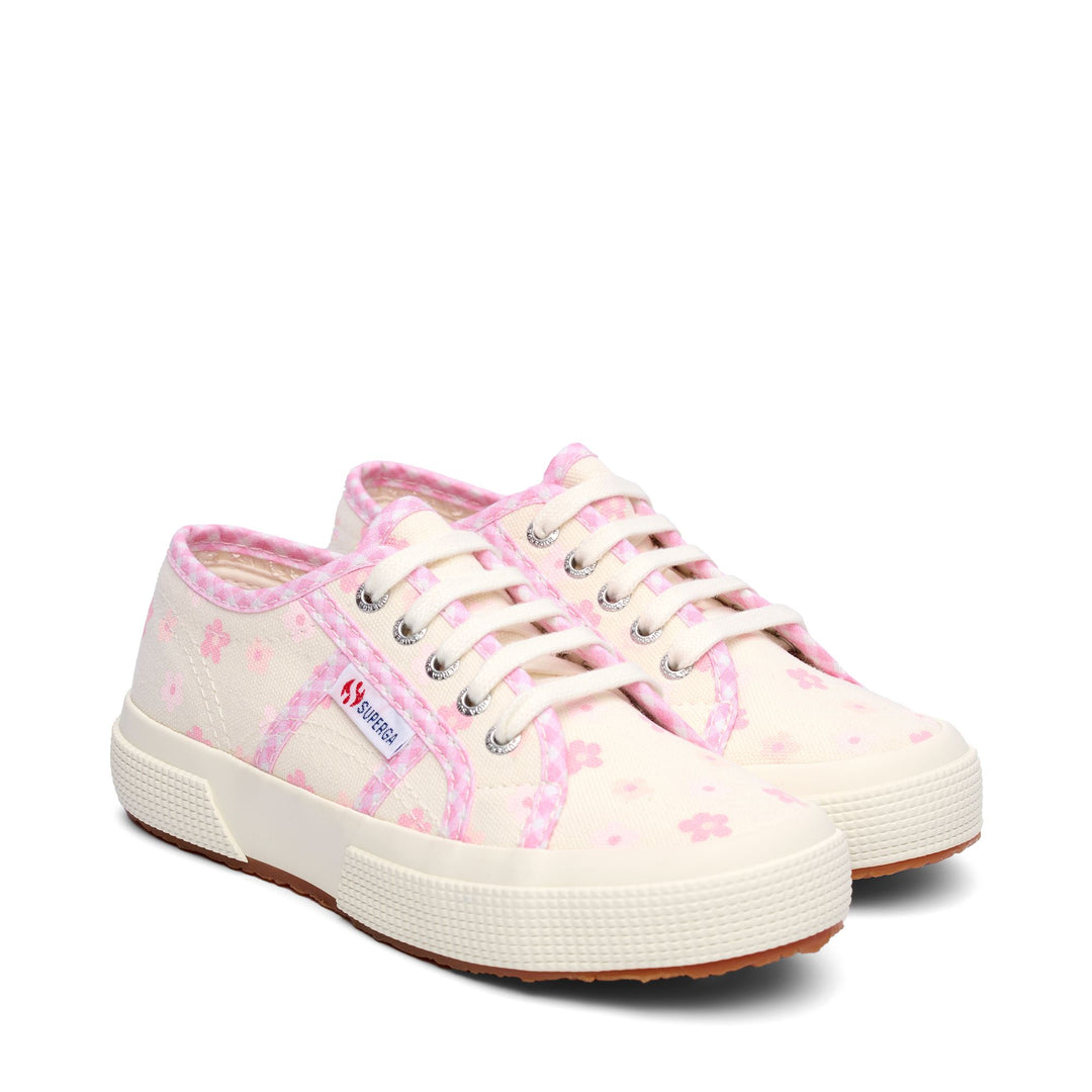 Le Superga Girl 2750 KIDS PRINT FLOWERS GINGHAM Sneaker WHITE AVORIO-PINK Dressed Front (jpg Rgb)	