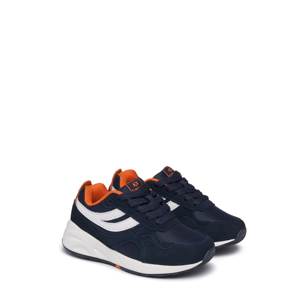 Sneakers Kid unisex 4073 KIDS TRAINING POLY SUEDE Low Cut BLUE NAVY-WHITE-ORANGE Dressed Front (jpg Rgb)	