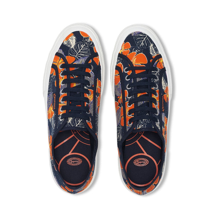 Le Superga Unisex 2750 OG HIBISCUS FLOWER PRINT Low Cut BLUE NAVY-ORANGE HIBISCUS Dressed Back (jpg Rgb)		