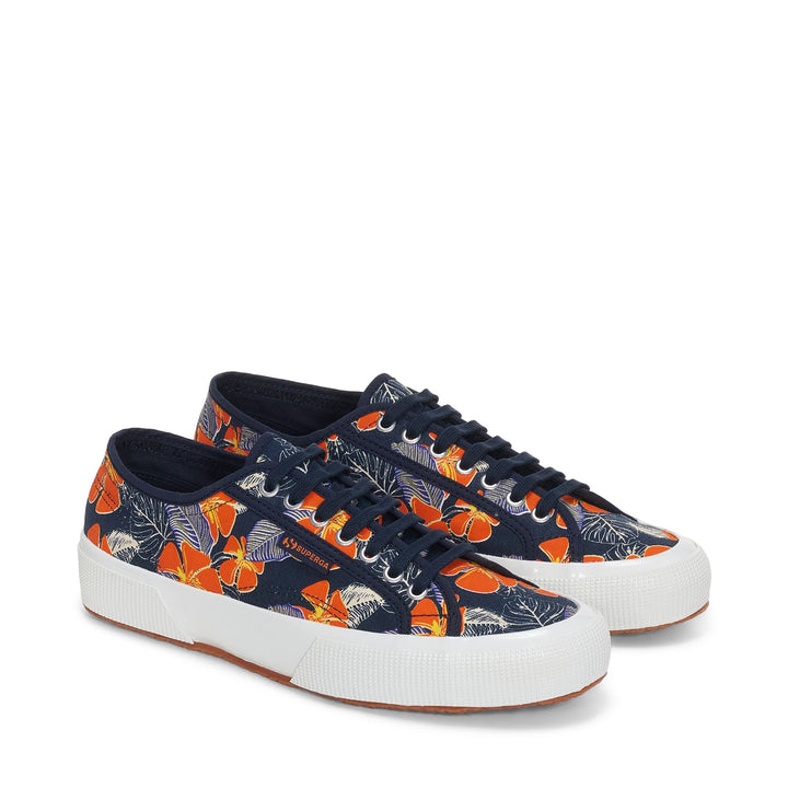 Le Superga Unisex 2750 OG HIBISCUS FLOWER PRINT Low Cut BLUE NAVY-ORANGE HIBISCUS Dressed Front (jpg Rgb)	