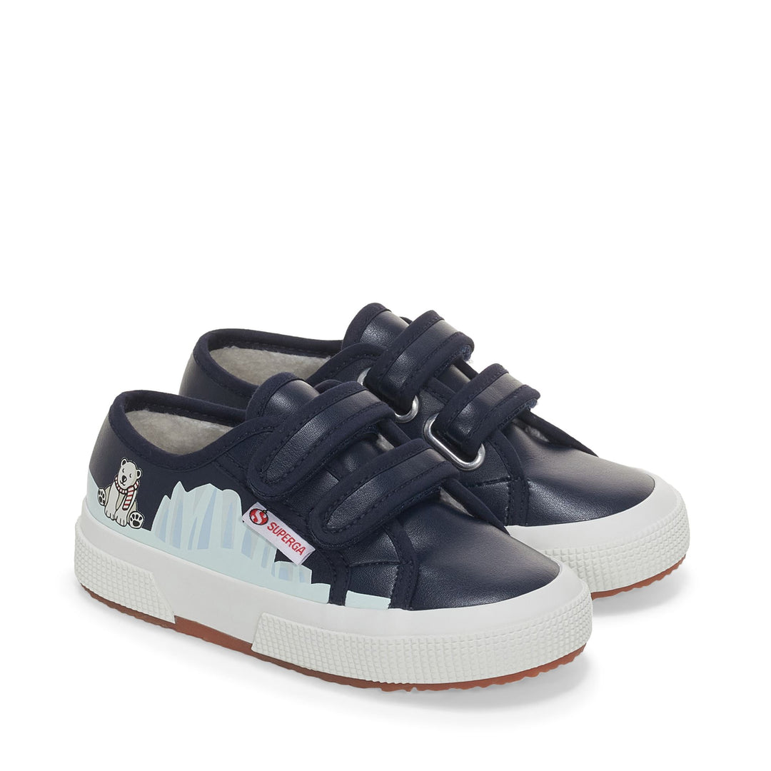 Le Superga Kid unisex 2750 KIDS STRAPS VEGAN MATERIAL POLAR BEAR Low Cut BLUE NAVY - POLAR BEAR Dressed Front (jpg Rgb)	