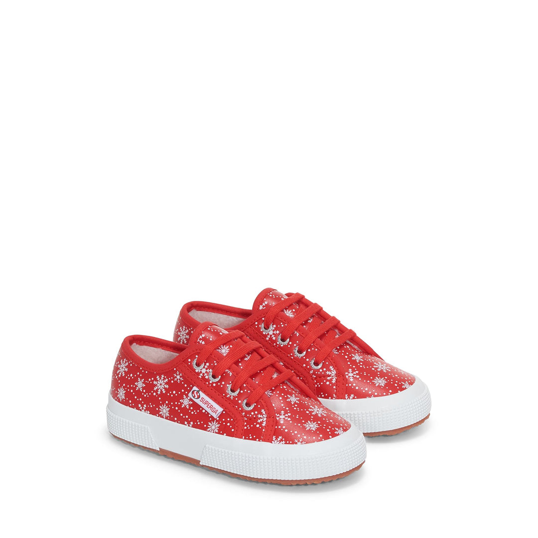 Le Superga Kid unisex 2750 KIDS VEGAN MATERIAL SNOWFLAKES Low Cut RED - SNOWFLAKES Dressed Front (jpg Rgb)	