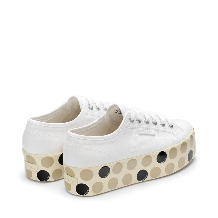 Lady Shoes Woman 2790 LOGO POLKADOTS PLATFORM Wedge WHITE-BEIGE GESSO-DOTS BEIGE SAND BLACK Dressed Side (jpg Rgb)		