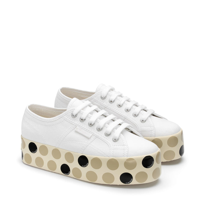 Lady Shoes Woman 2790 LOGO POLKADOTS PLATFORM Wedge WHITE-BEIGE GESSO-DOTS BEIGE SAND BLACK Dressed Front (jpg Rgb)	