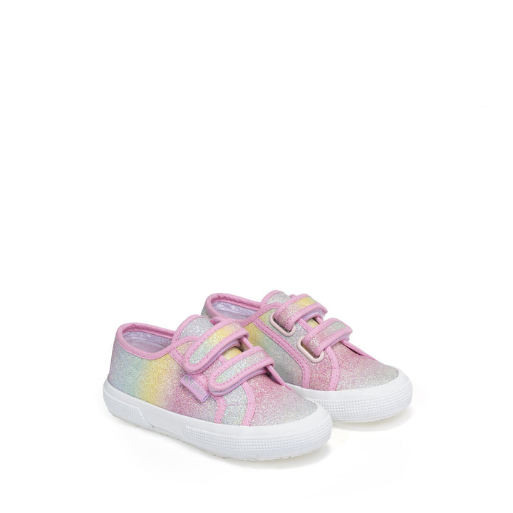 Le Superga Girl 2750 KIDS IRIDESCENT MICROGLITTER Sneaker PINK PASTEL MULTICOLOR Dressed Front (jpg Rgb)	