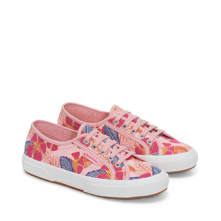 Le Superga Woman 2750 HIBISCUS FLOWER PRINT Low Cut PINK-FUCHSIA HIBISCUS Dressed Front (jpg Rgb)	