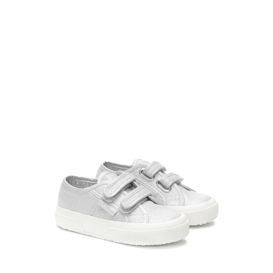 Le Superga Girl 2750 KIDS STRAPS PEARL MATTE CANVAS Sneaker GREY SILVER-FAVORIO Dressed Front (jpg Rgb)	