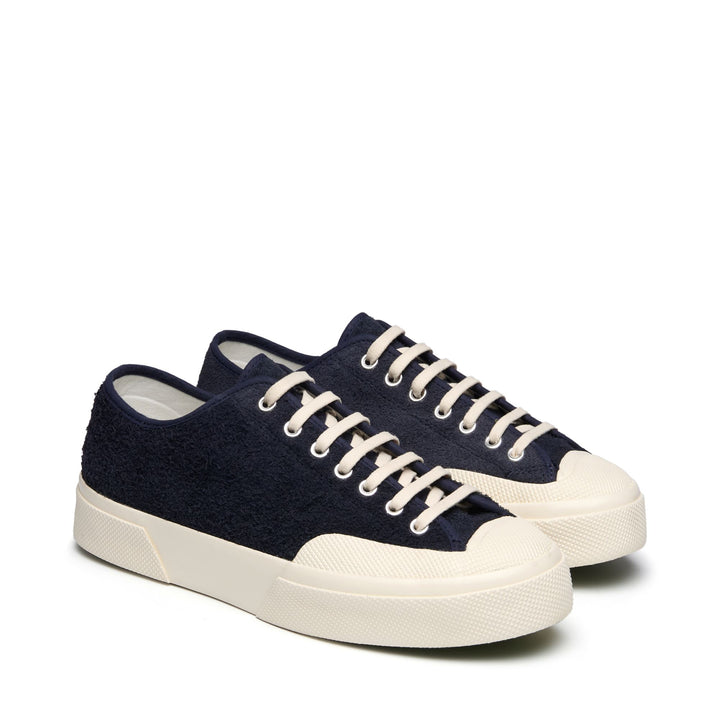 Le Superga Unisex 2432 WORKS HAIRY SUEDE Low Cut NAVY-OFF WHITE Dressed Front (jpg Rgb)	