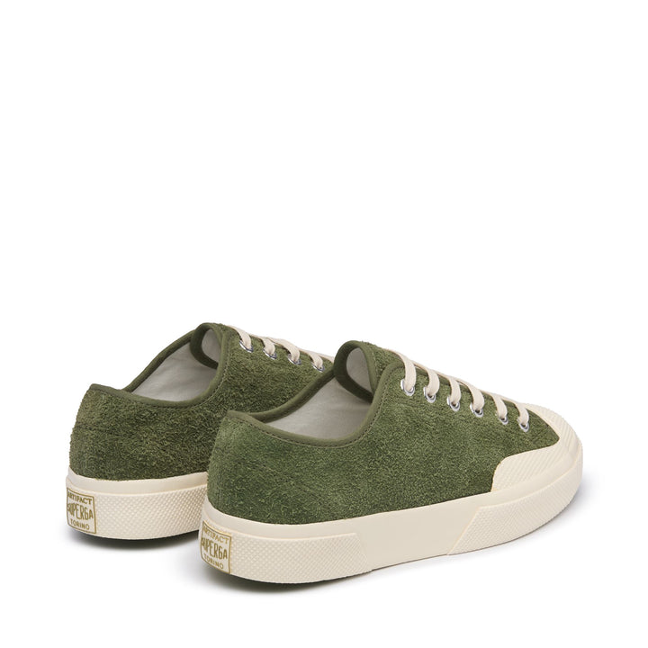 Le Superga Unisex 2432 WORKS HAIRY SUEDE Low Cut MILITARY GREEN-OFF WHITE Dressed Side (jpg Rgb)		