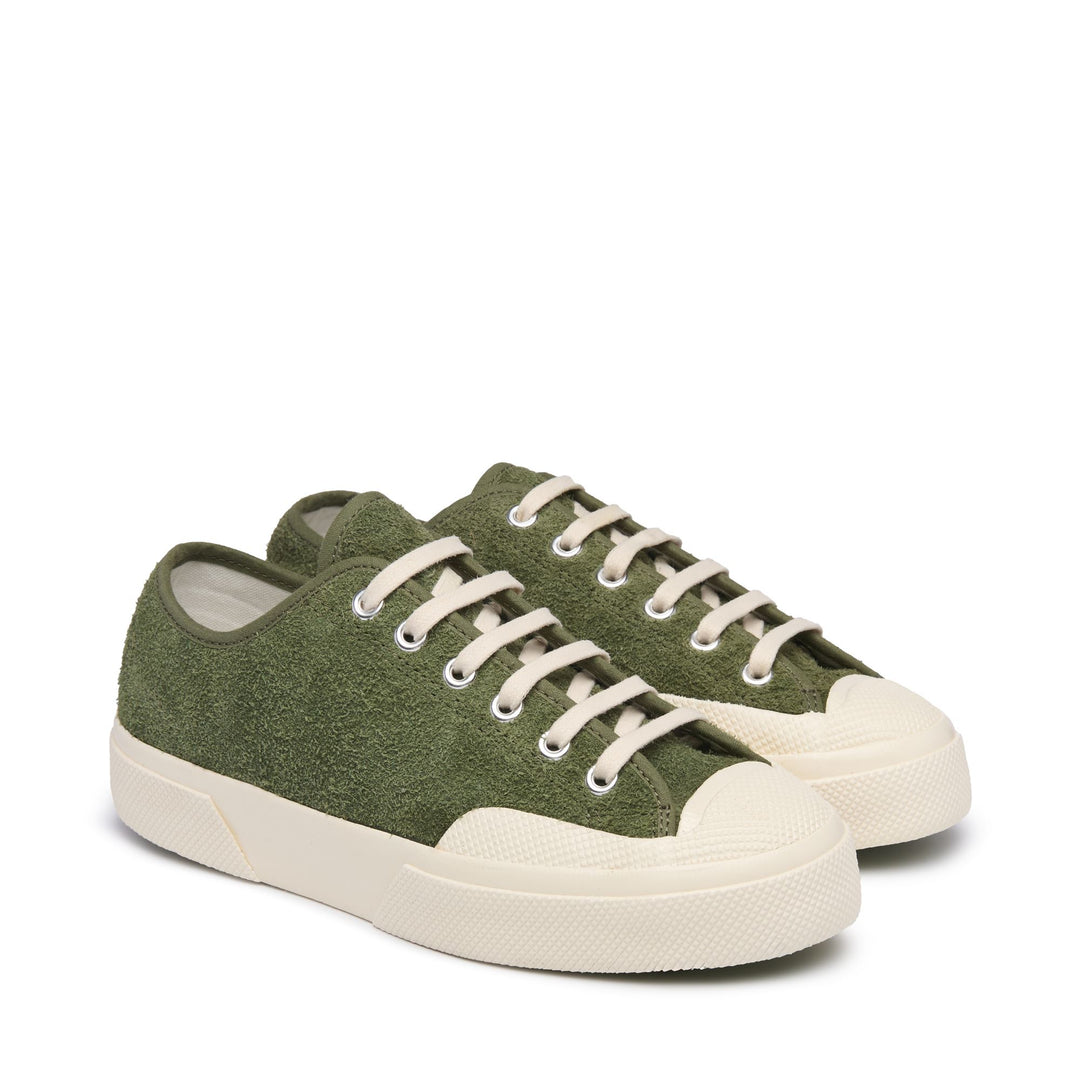 Le Superga Unisex 2432 WORKS HAIRY SUEDE Low Cut MILITARY GREEN-OFF WHITE Dressed Front (jpg Rgb)	