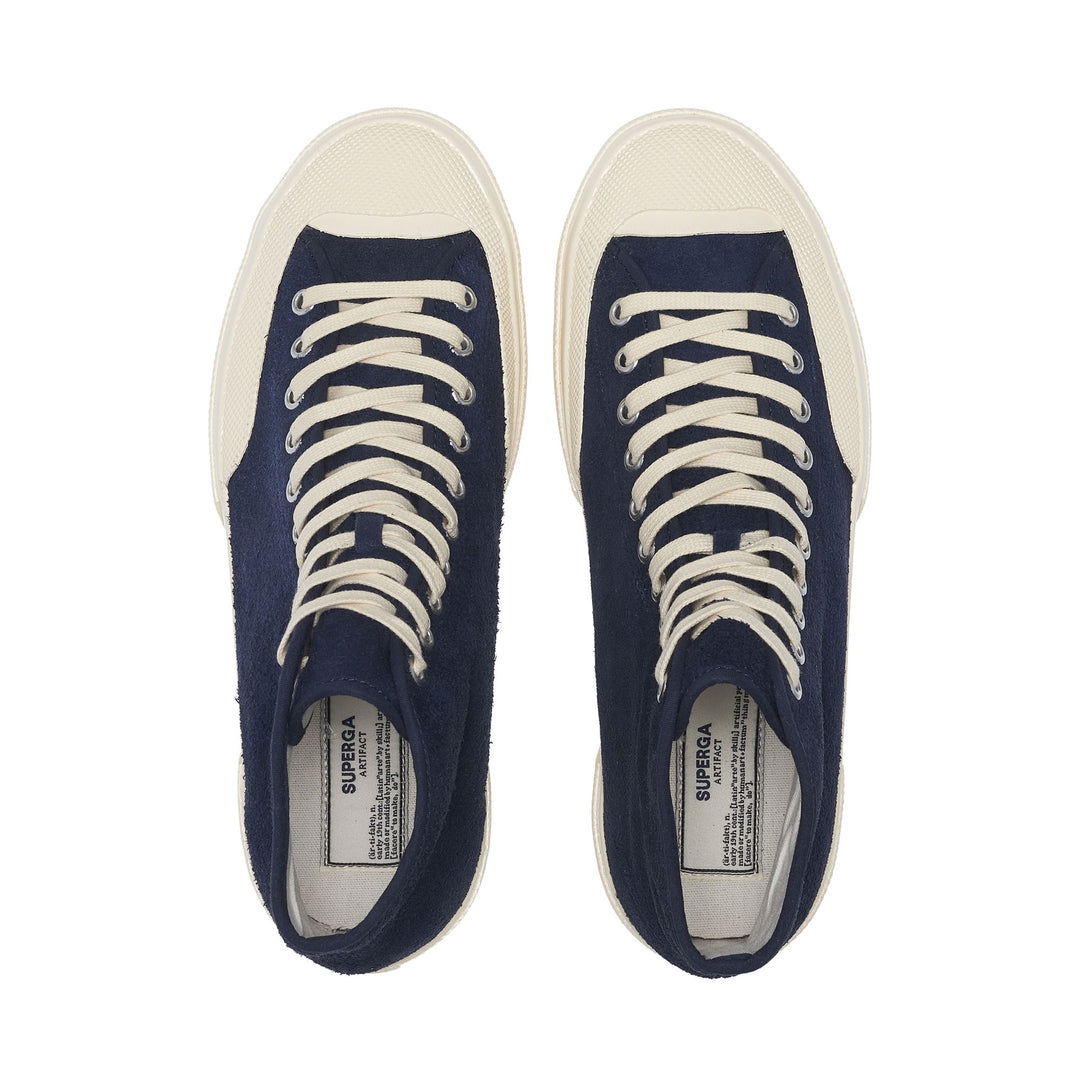 Le Superga Unisex 2433 WORKS HAIRY SUEDE Mid Cut NAVY-OFF WHITE Dressed Back (jpg Rgb)		