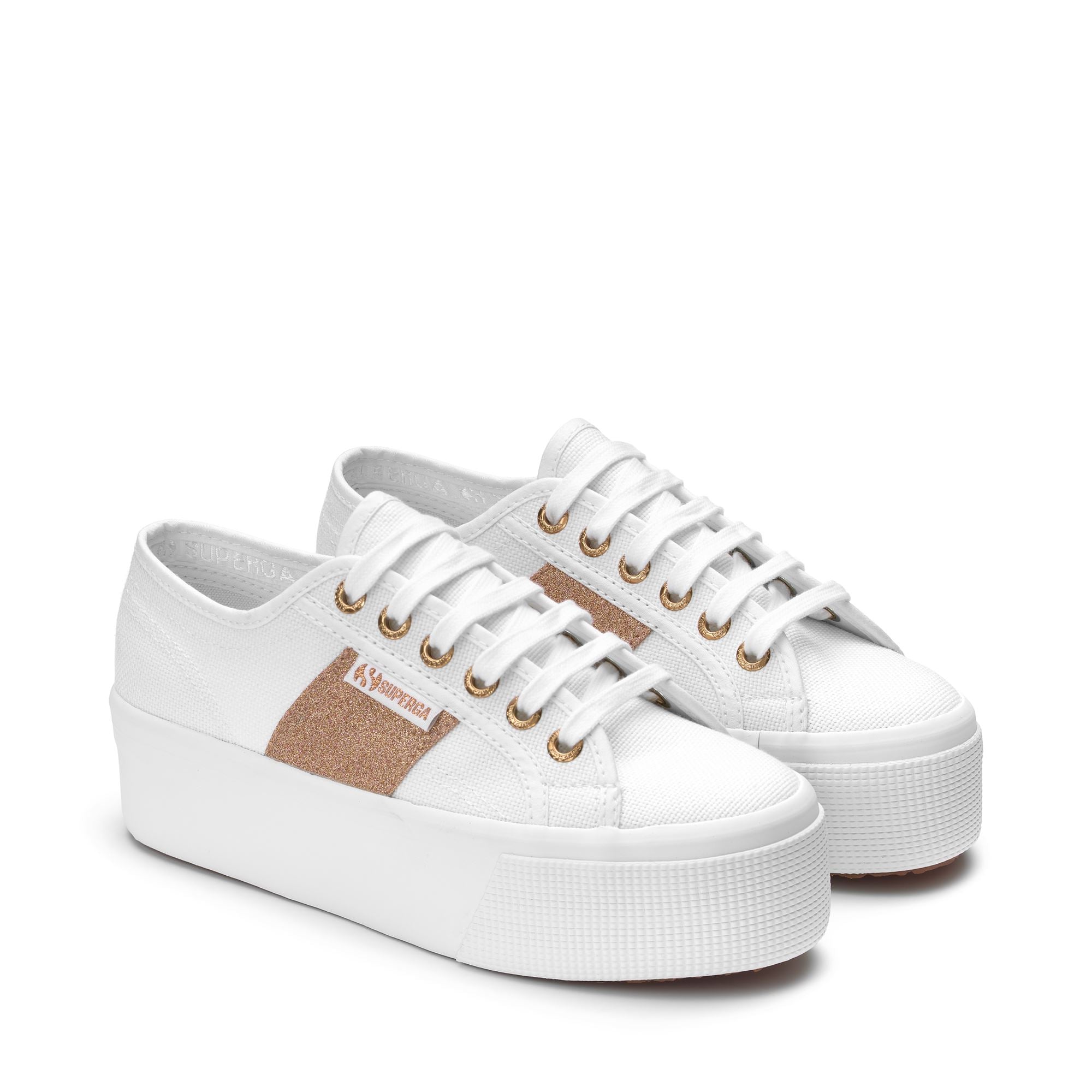 Lady Shoes Woman 2790 PATCHES GLITTER Wedge WHITE WARM GOLD Superga
