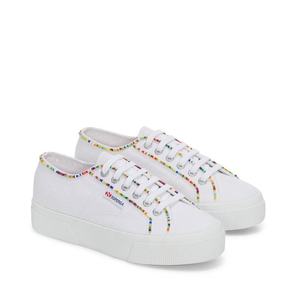 Lady Shoes Woman 2740 MULTICOLOR BEADS Wedge WHITE-MULTICOLOR BEADS Dressed Front (jpg Rgb)	