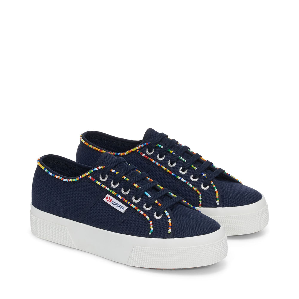 Lady Shoes Woman 2740 MULTICOLOR BEADS Wedge NAVY-MULTICOLOR BEADS Dressed Front (jpg Rgb)	