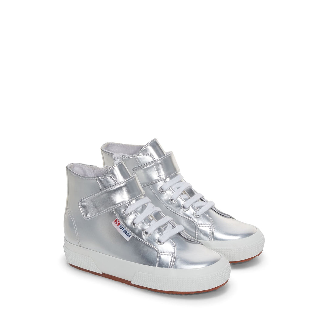 Le Superga Girl 2709 KIDS MIRROR SYNTHETIC MATERIAL Mid Cut SILVER Dressed Front (jpg Rgb)	