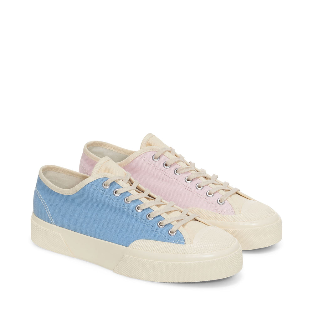 Le Superga Unisex 2432 WORKS LOW CUT MULTI-COLOR DENIM YARN DYED Low Cut BLUE-PINK-OFF WHITE Dressed Front (jpg Rgb)	