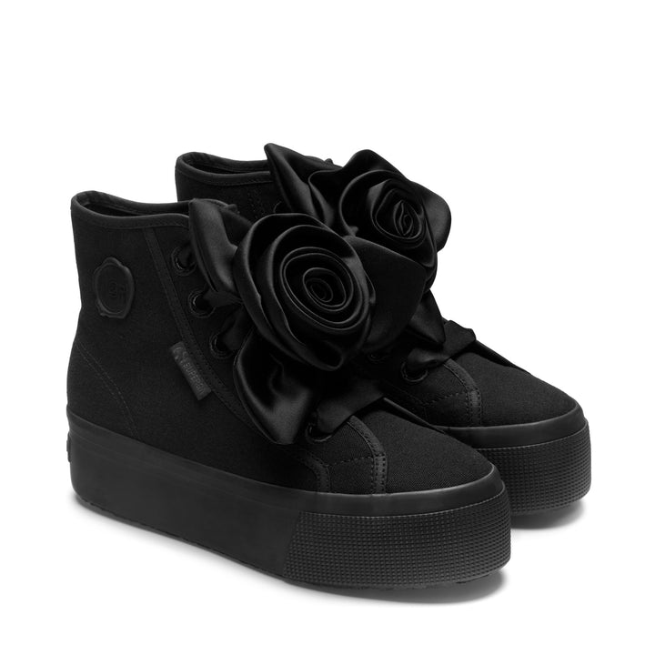 Lady Shoes Woman 2708 HI TOP BIG SATIN ROSE Wedge TOTAL BLACK Dressed Front (jpg Rgb)	