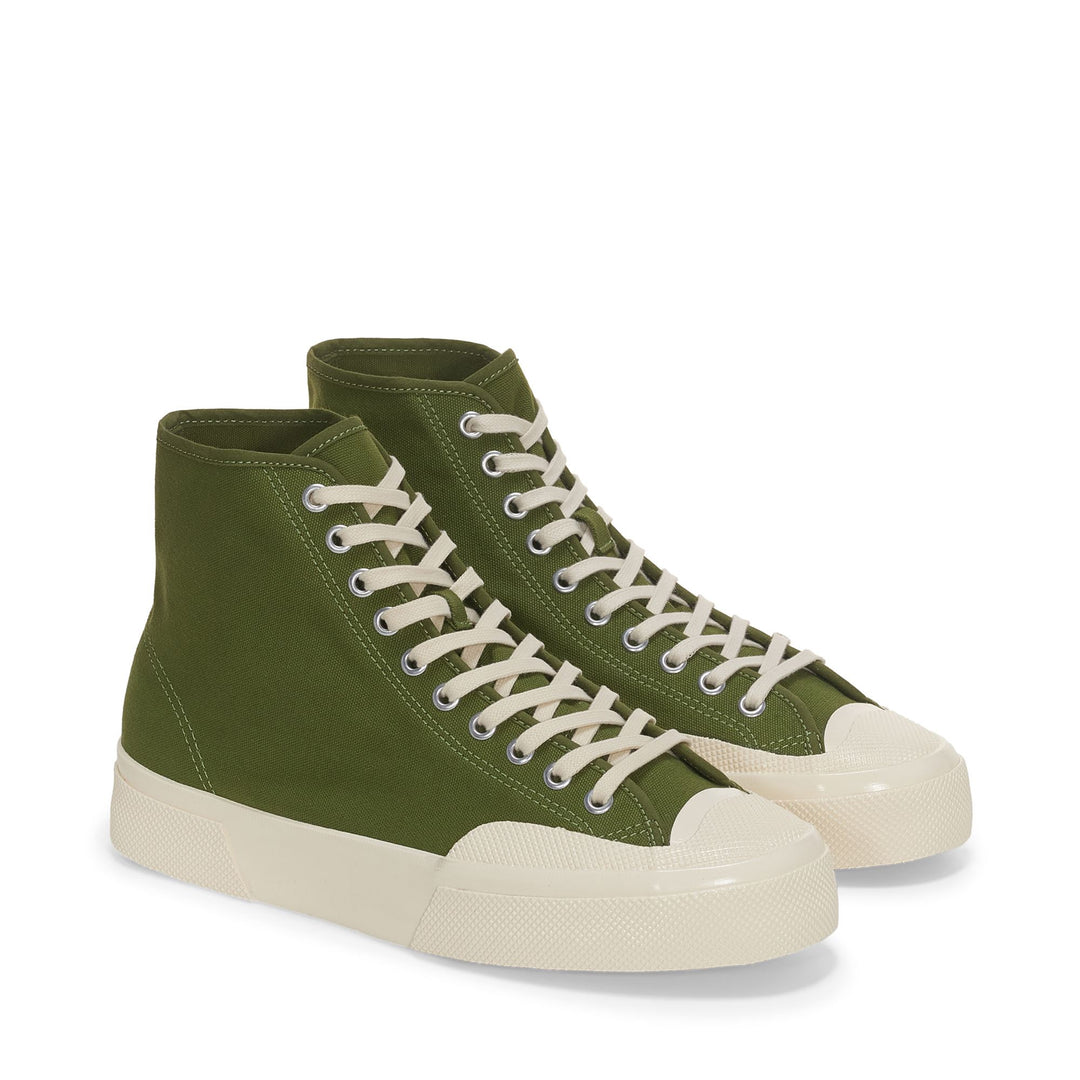 Sneakers Unisex 2433 WORKS HIGH CUT COTTON CANVAS High Cut GREEN-OFF WHITE Dressed Front (jpg Rgb)	