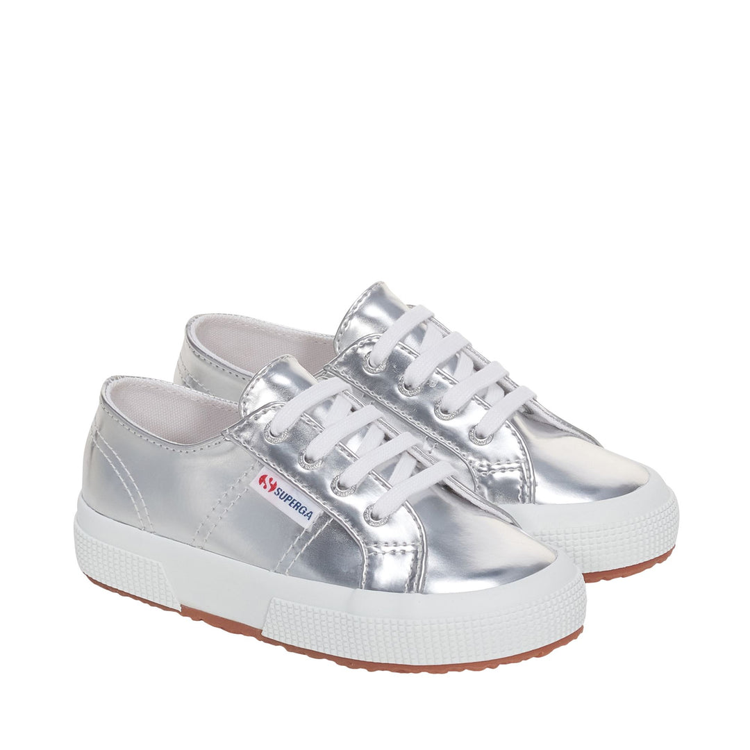 Le Superga Girl 2750 KIDS MIRROR SYNTHETIC MATERIAL Low Cut SILVER Dressed Front (jpg Rgb)	