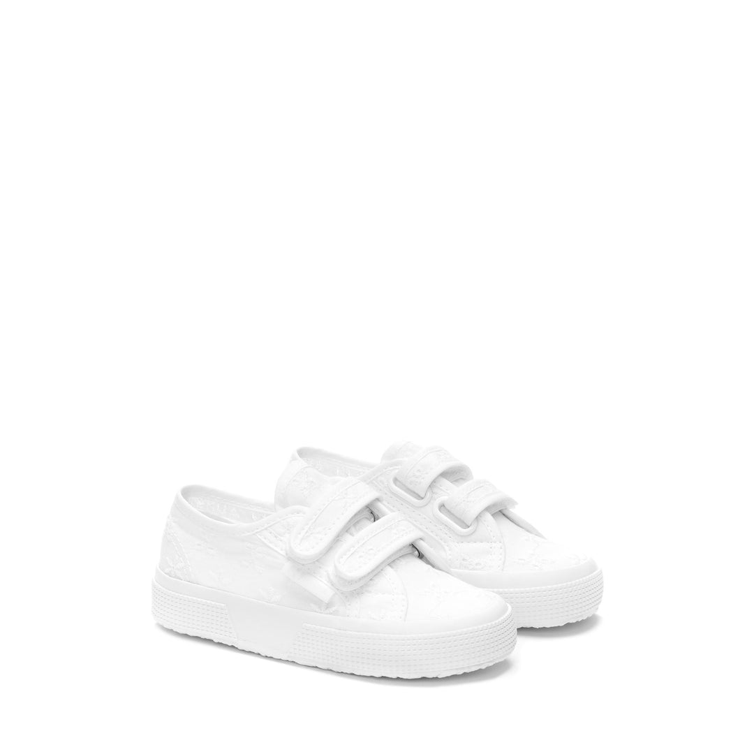 Le Superga Girl 2750 KIDS STRAPS FLOWER SANGALLO Low Cut TOTAL WHITE Dressed Front (jpg Rgb)	