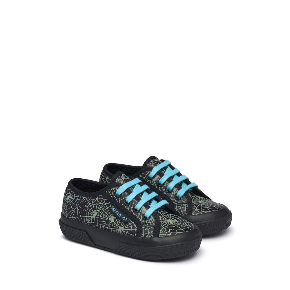 Le Superga Kid unisex 2750 KIDS VEGAN MATERIAL SPIDER WEB Low Cut BLACK Dressed Front (jpg Rgb)	