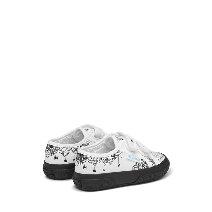 Le Superga Kid unisex 2750 KIDS STRAPS VEGAN MATERIAL SPIDER WEB Low Cut WHITE SPIDER WEB PRINT-BLACK Dressed Side (jpg Rgb)		