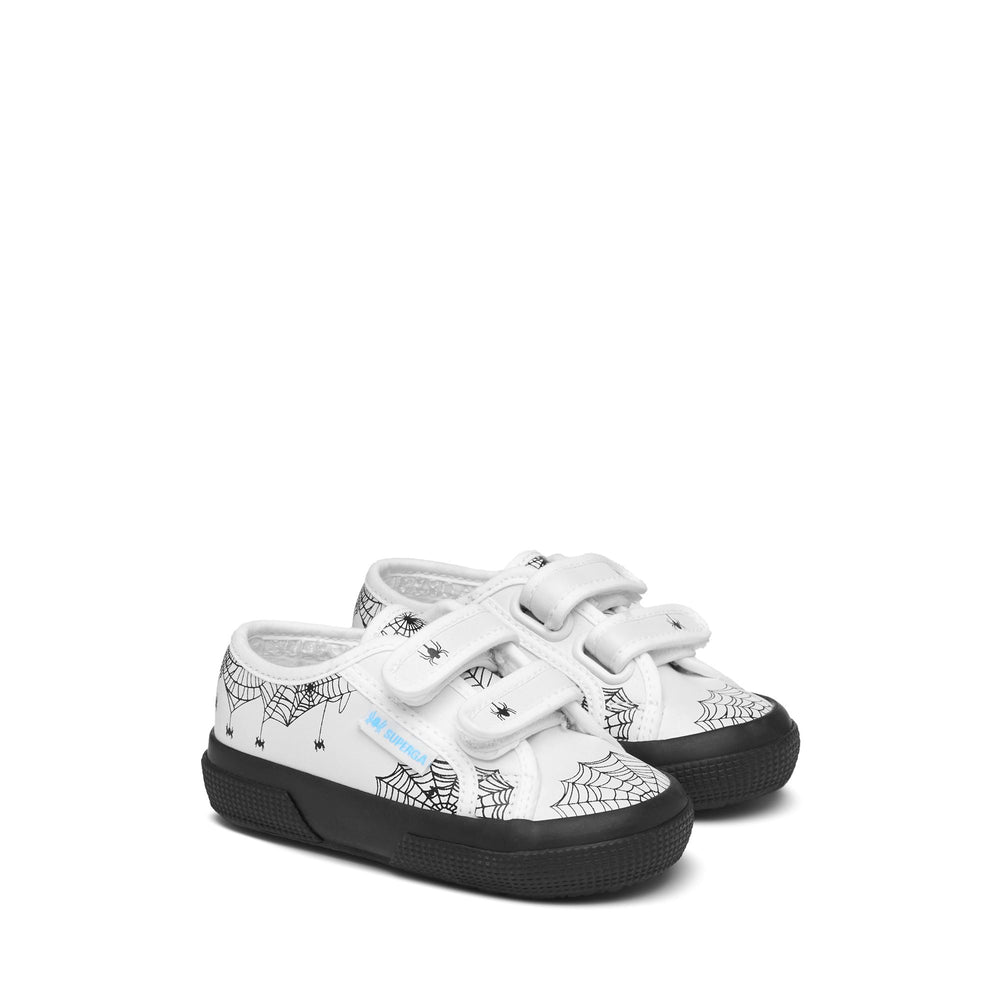 Le Superga Kid unisex 2750 KIDS STRAPS VEGAN MATERIAL SPIDER WEB Low Cut WHITE SPIDER WEB PRINT-BLACK Dressed Front (jpg Rgb)	