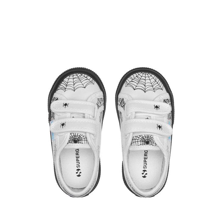 Le Superga Kid unisex 2750 KIDS STRAPS VEGAN MATERIAL SPIDER WEB Low Cut WHITE SPIDER WEB PRINT-BLACK Dressed Back (jpg Rgb)		