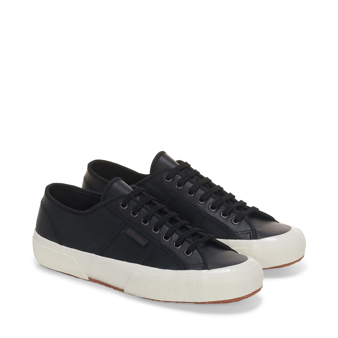 Le Superga Unisex 2750 OG LEATHER Low Cut BLACK-F AVORIO-BLACK Dressed Front (jpg Rgb)	