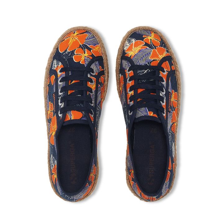 Lady Shoes Woman 2730 ROPE HIBISCUS FLOWER PRINT Wedge BLUE NAVY-ORANGE HIBISCUS Dressed Back (jpg Rgb)		