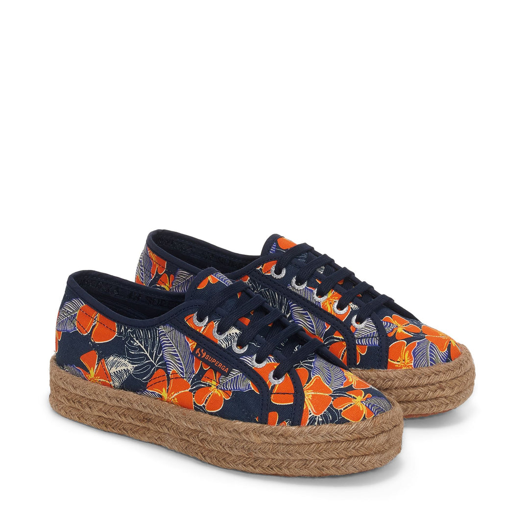 Lady Shoes Woman 2730 ROPE HIBISCUS FLOWER PRINT Wedge BLUE NAVY-ORANGE HIBISCUS Dressed Front (jpg Rgb)	