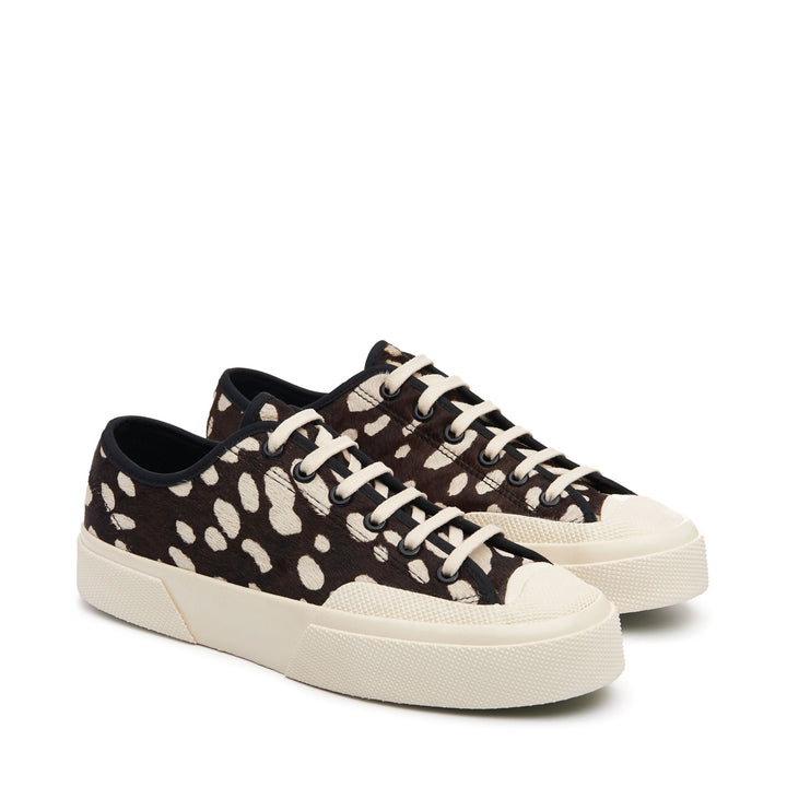 Le Superga Unisex 2432 DK DALMATIAN CALF HAIR Low Cut BLACK-BEIGE Dressed Front (jpg Rgb)	