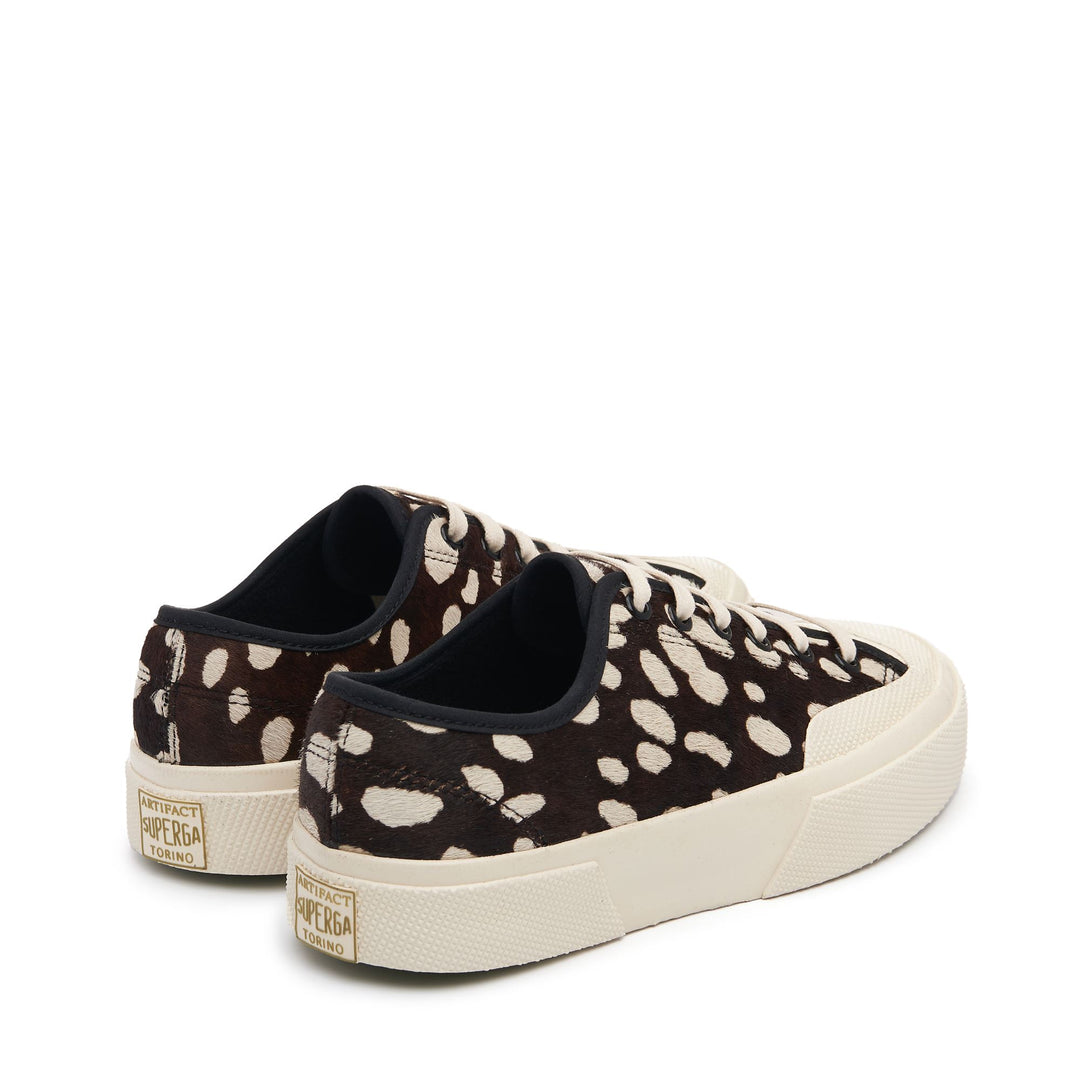 Le Superga Unisex 2432 DK DALMATIAN CALF HAIR Low Cut BLACK-BEIGE Dressed Side (jpg Rgb)		