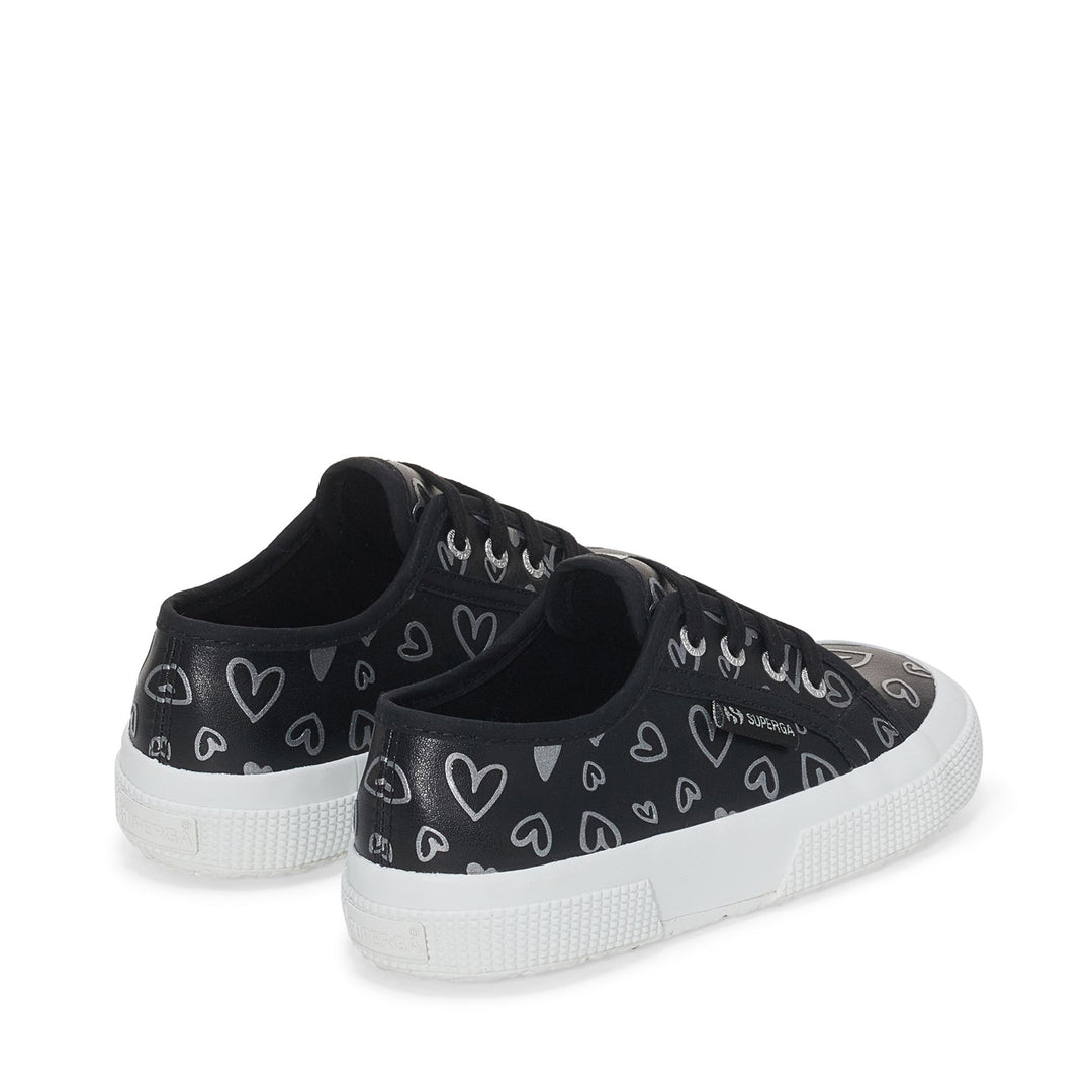 Le Superga Girl 2750 KIDS VEGAN MATERIAL CUTE HEARTS PRINT Low Cut BLACK-SILVER HEARTS Dressed Side (jpg Rgb)		