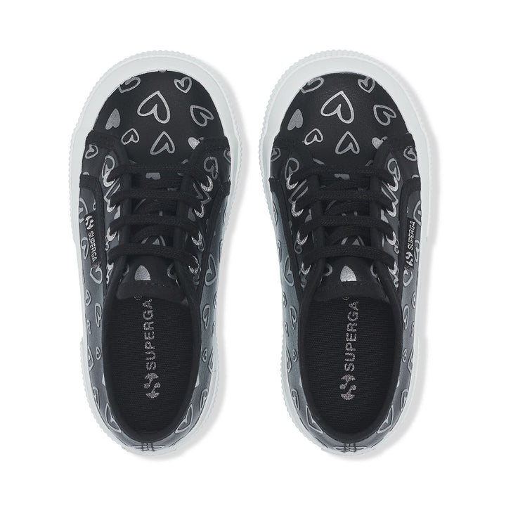 Le Superga Girl 2750 KIDS VEGAN MATERIAL CUTE HEARTS PRINT Low Cut BLACK-SILVER HEARTS Dressed Back (jpg Rgb)		