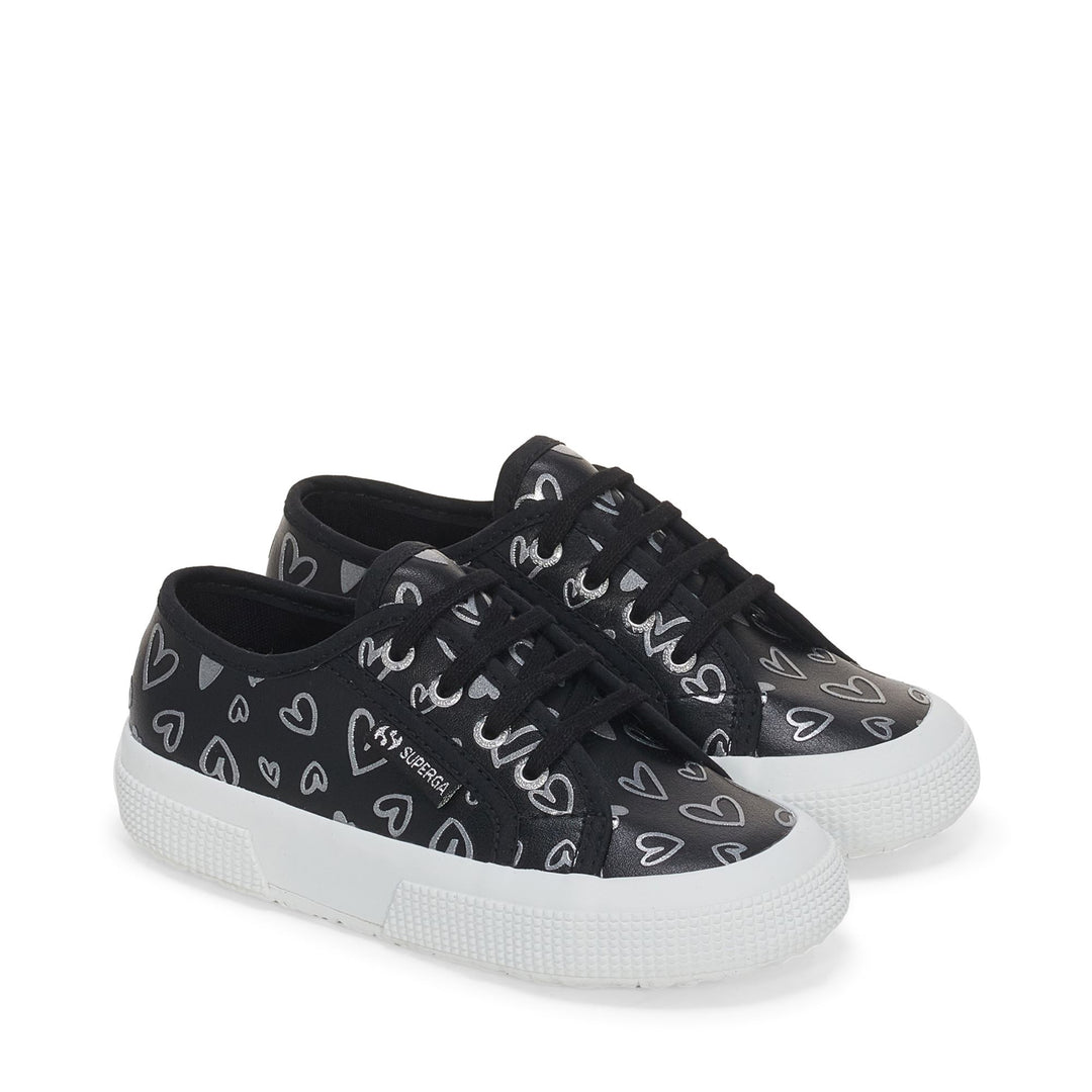 Le Superga Girl 2750 KIDS VEGAN MATERIAL CUTE HEARTS PRINT Low Cut BLACK-SILVER HEARTS Dressed Front (jpg Rgb)	