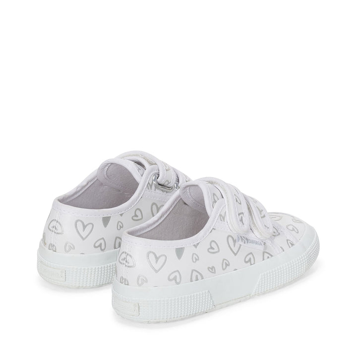 Le Superga Girl 2750 KIDS STRAPS VEGAN MATERIAL CUTE HEARTS PRINT Low Cut WHITE-SILVER HEARTS Dressed Side (jpg Rgb)		